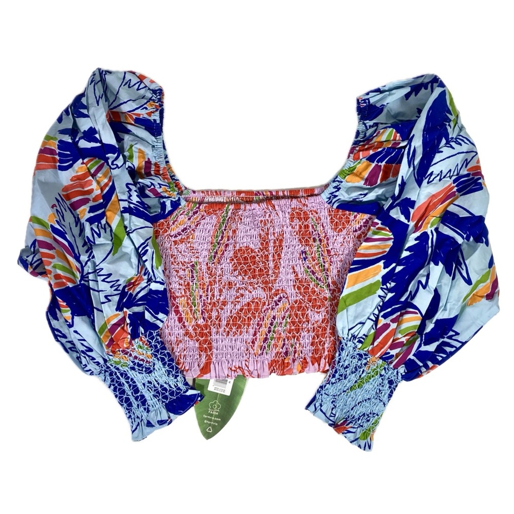 Farm Rio Mixed Print Smocked Cotton Crop Top Puff Sleeve Medium NWT - Picture 9 of 12